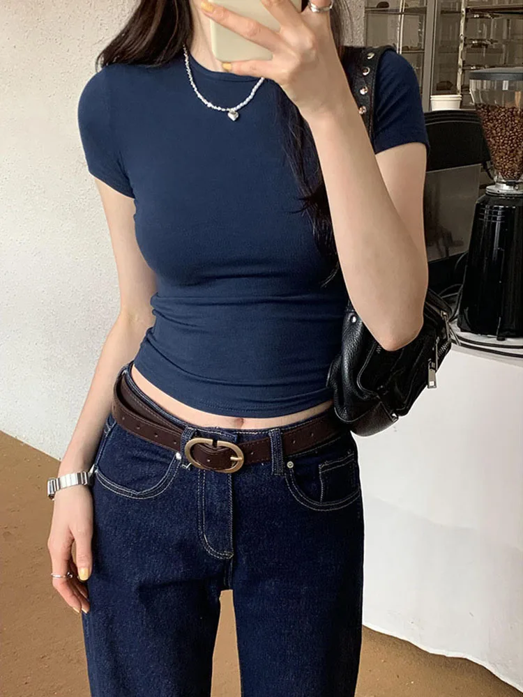 Krótki crop top basic z krótkim rękawem — Y2K streetwear Granatowy