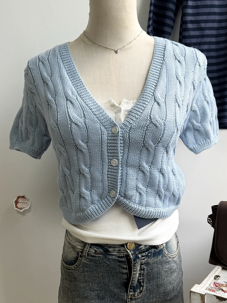 Krótki kardigan damski z efektem skrętu – styl Y2K vintage Turkusowy