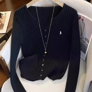 Krótki kardigan Y2K z haftem streetwear damski Czarny