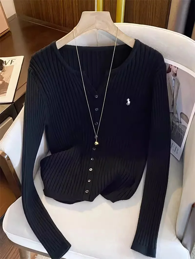 Krótki kardigan Y2K z haftem streetwear damski Czarny