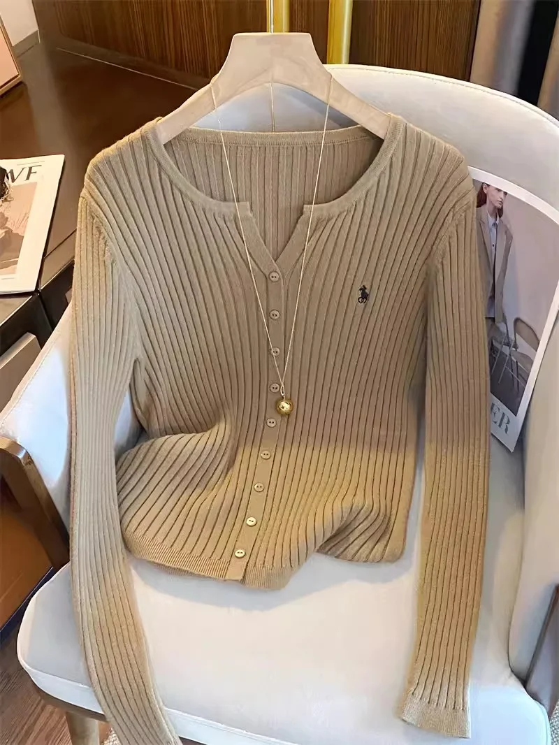 Krótki kardigan Y2K z haftem streetwear damski Khaki