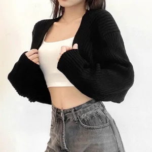 Krótki sweter rozpinany damski crop z dzianiny Beżowy