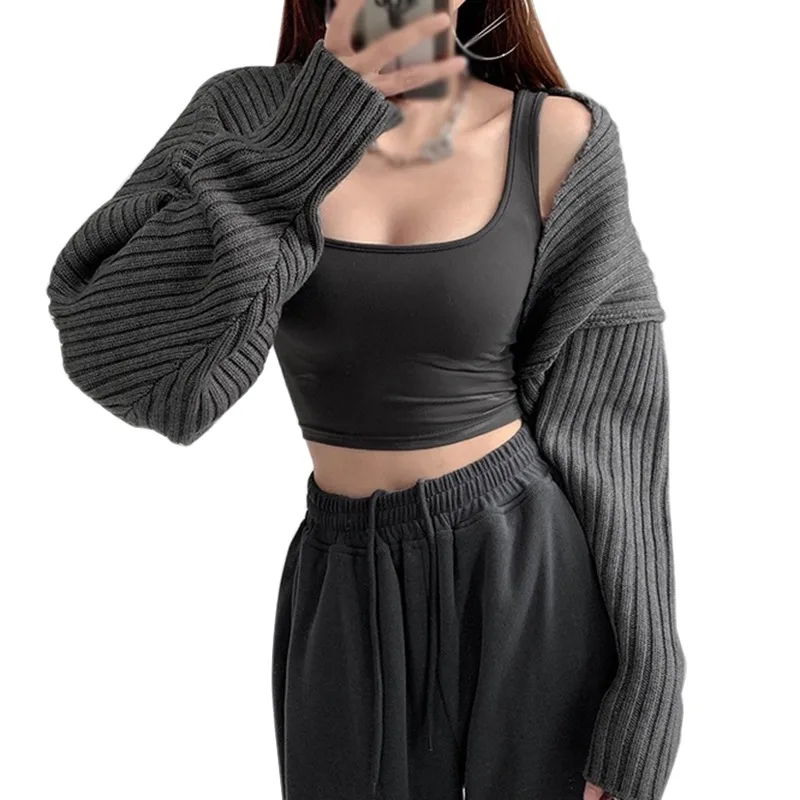 Krótki sweter rozpinany damski crop z dzianiny Czarny