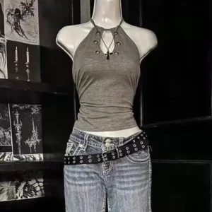 Krótki top na ramiączkach w stylu vintage Szary