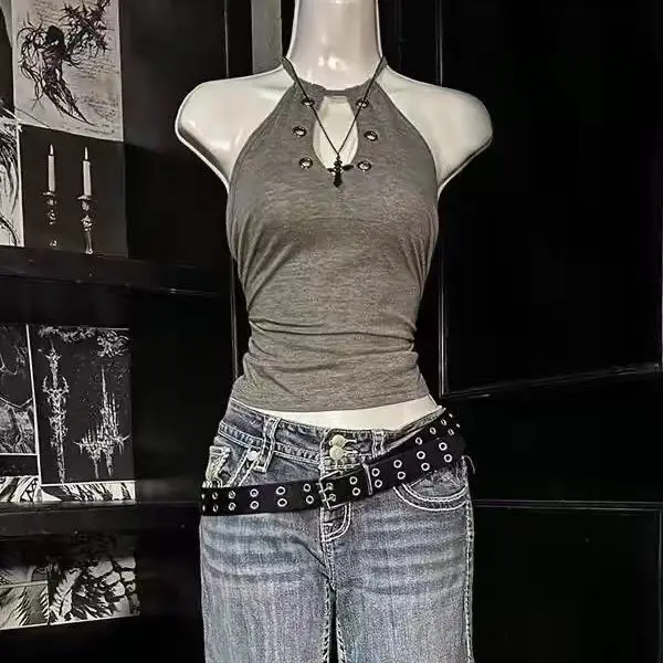 Krótki top na ramiączkach w stylu vintage Szary