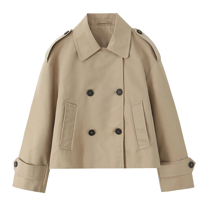 Krótki trencz damski dwurzędowy khaki vintage Khaki