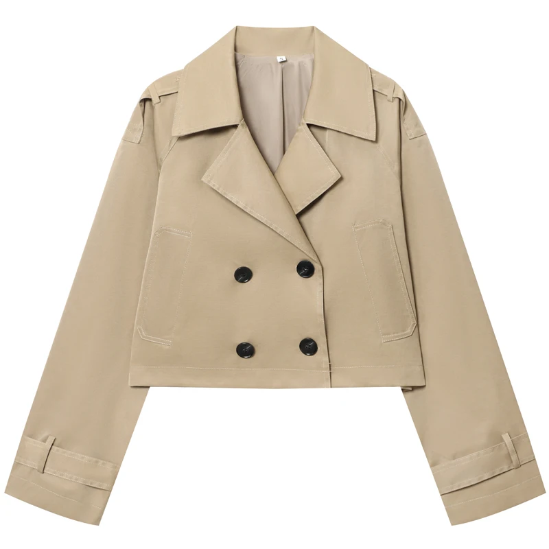 Krótki trencz damski oversize w czekoladowym brązie Khaki