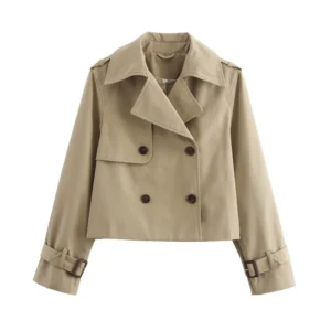 Krótki trencz dwurzędowy z długim rękawem w stylu vintage Khaki