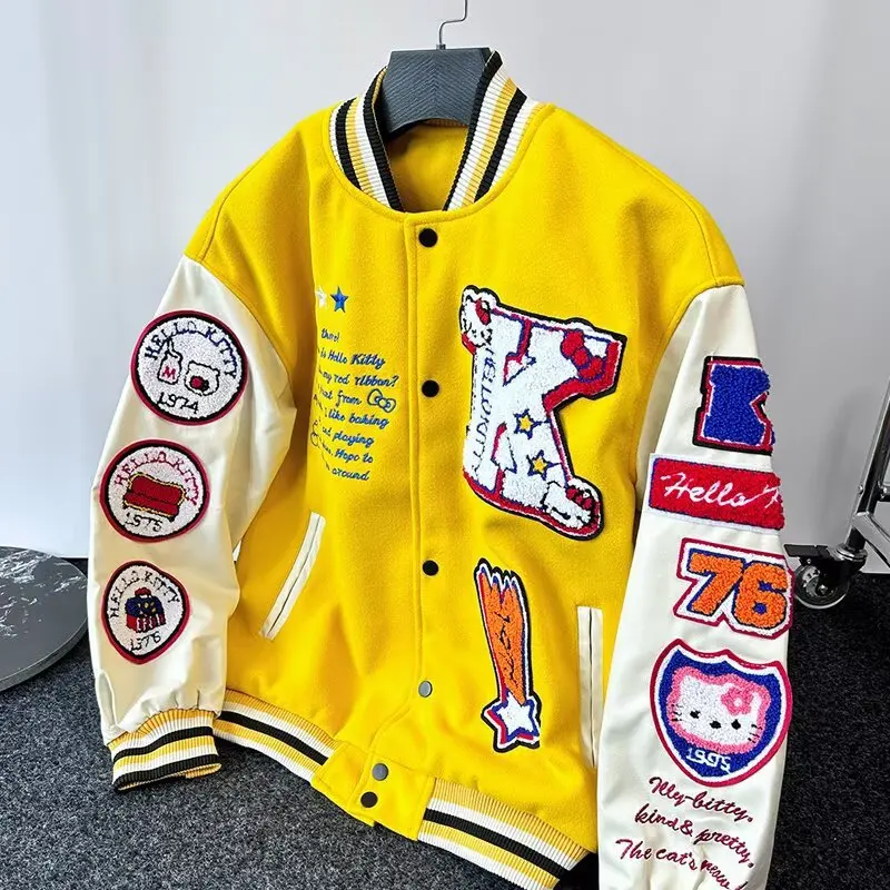 Kurtka bejsbolówka z haftem i flockiem — retro unisex luźny krój Czarny