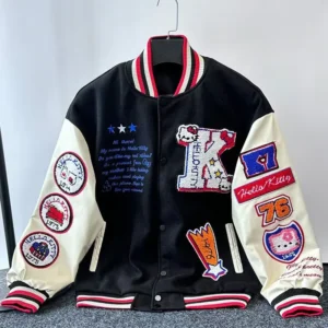 Kurtka bejsbolówka z haftem i flockiem — retro unisex luźny krój Niebieski
