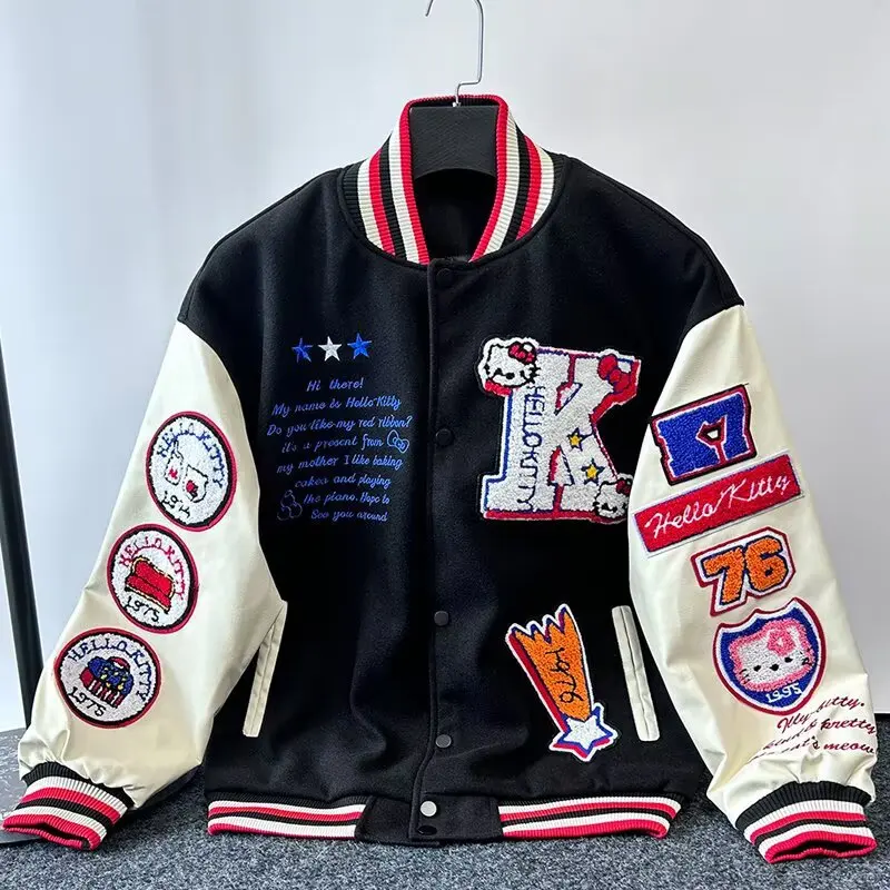 Kurtka bejsbolówka z haftem i flockiem — retro unisex luźny krój Niebieski