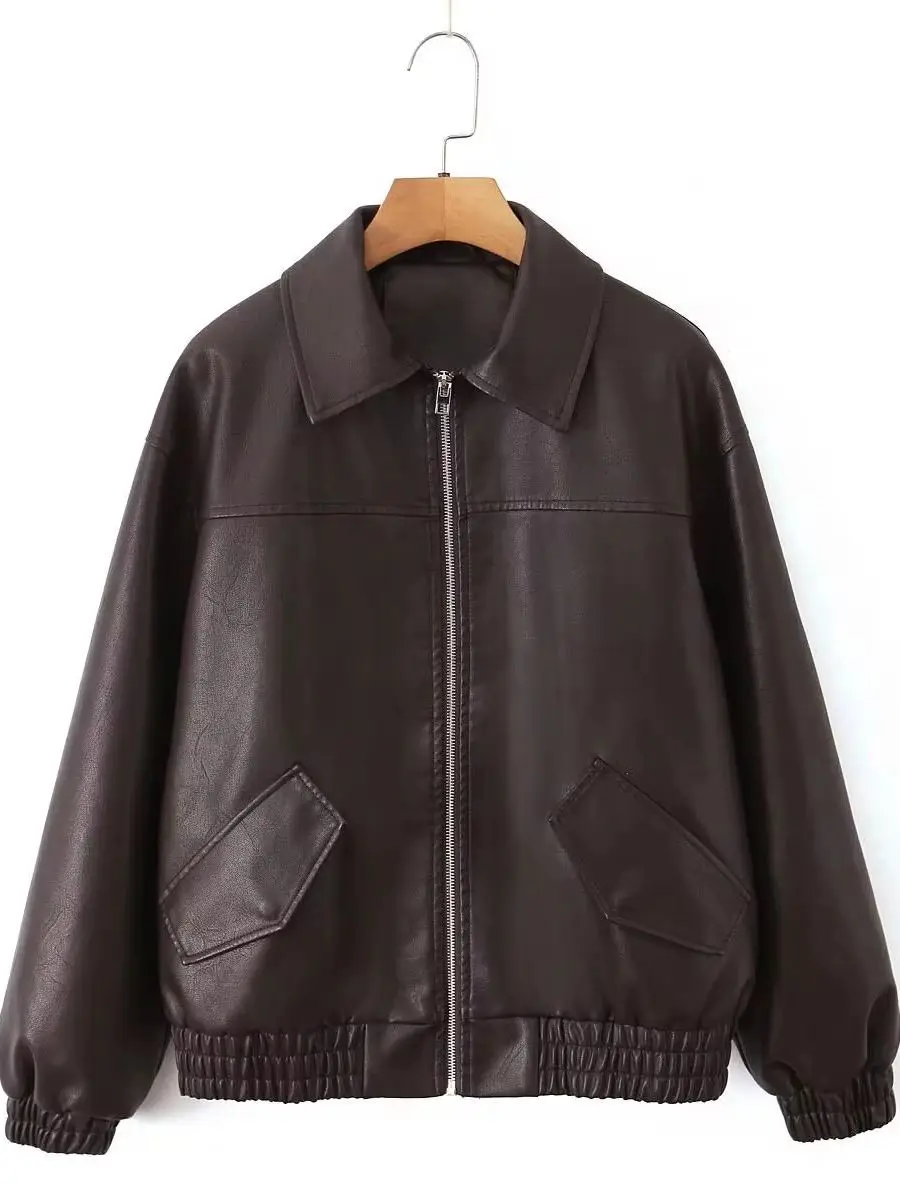 Kurtka biker ze sztucznej skóry PU streetwear damska Brązowy