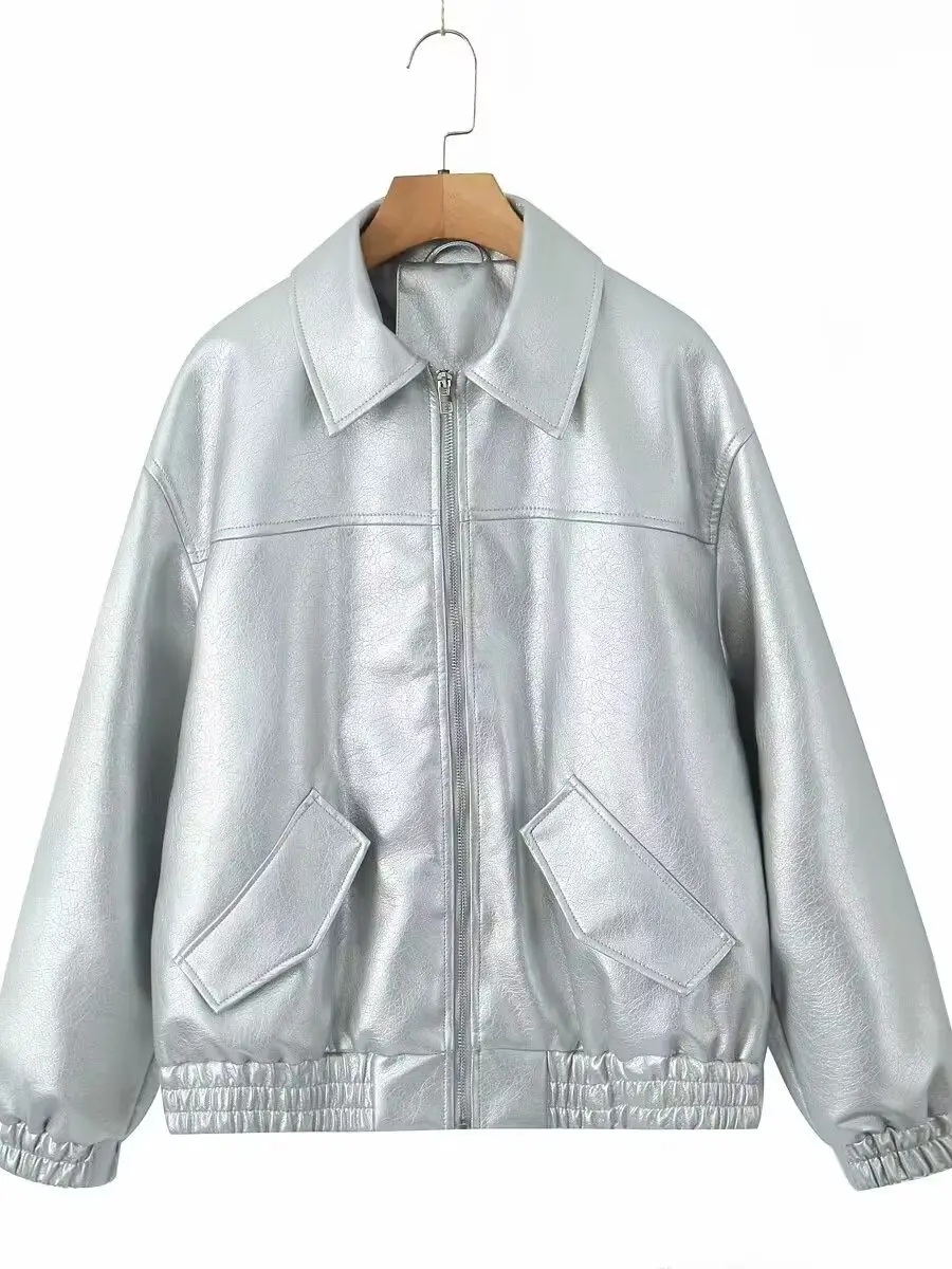 Kurtka biker ze sztucznej skóry PU streetwear damska Srebrny