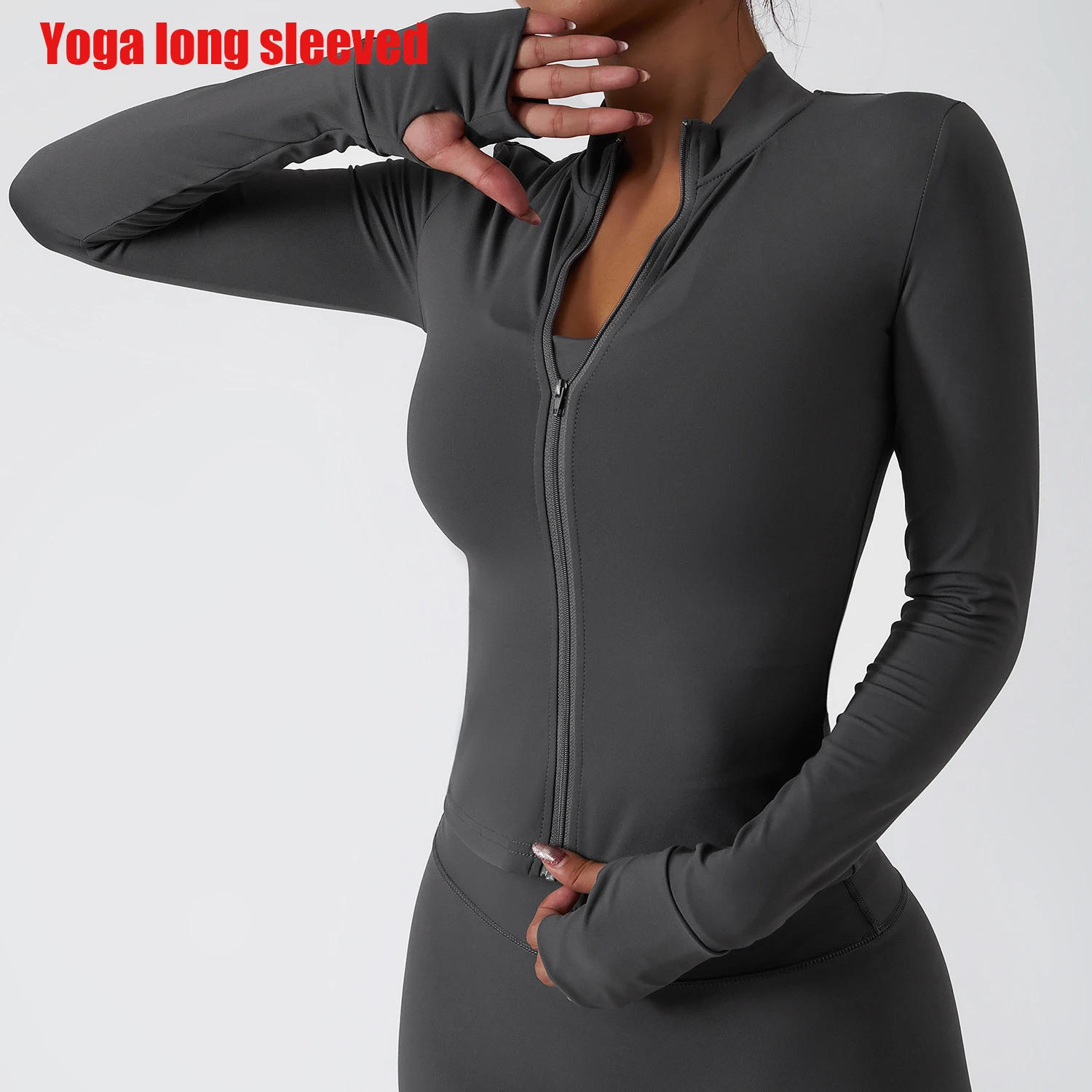Kurtka sportowa damska z zamkiem slim-fit na jogę Brązowy