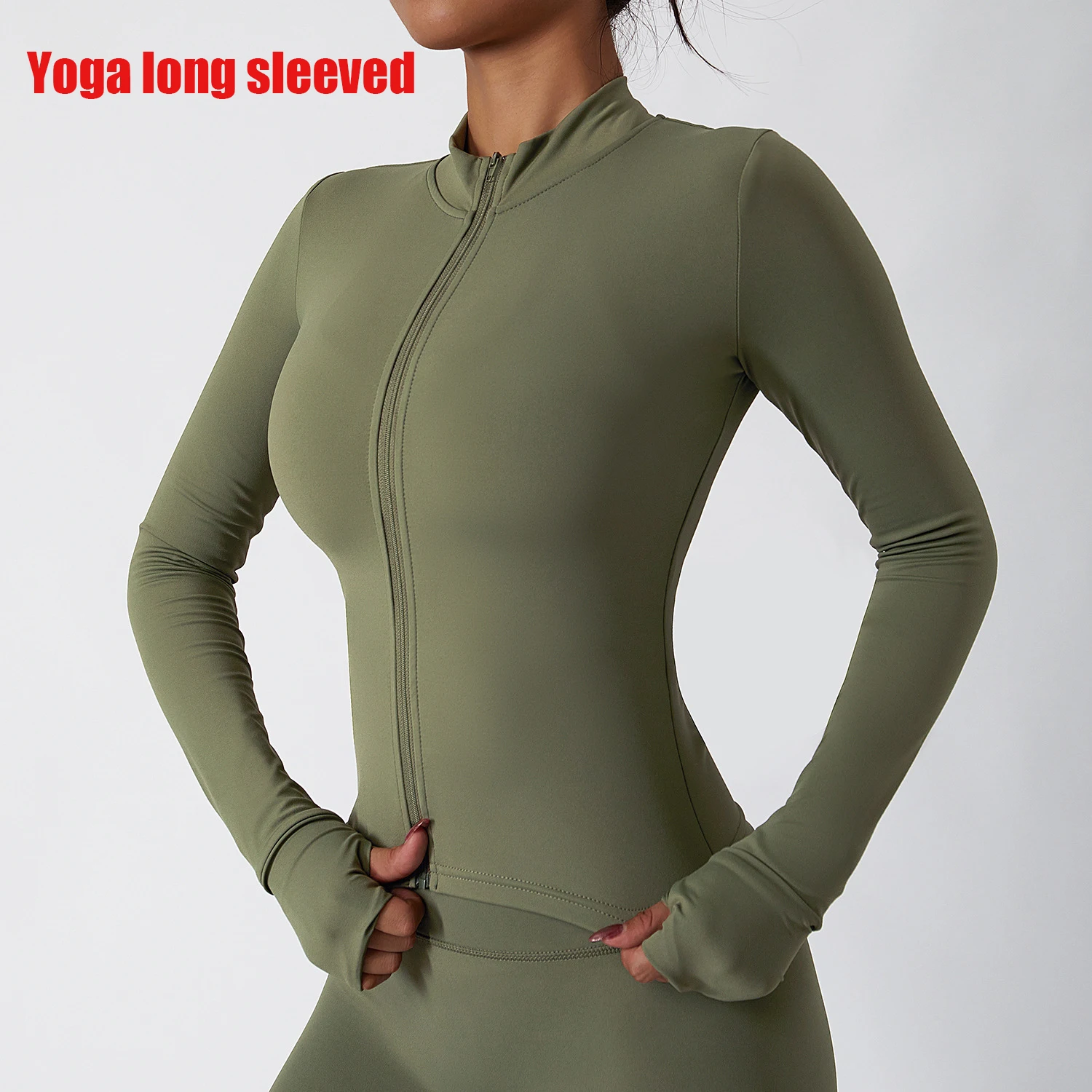 Kurtka sportowa damska z zamkiem slim-fit na jogę Khaki