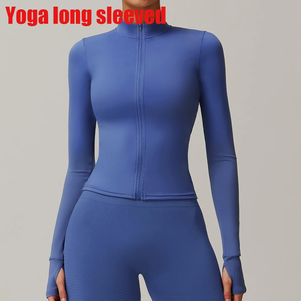 Kurtka sportowa damska z zamkiem slim-fit na jogę Niebieski