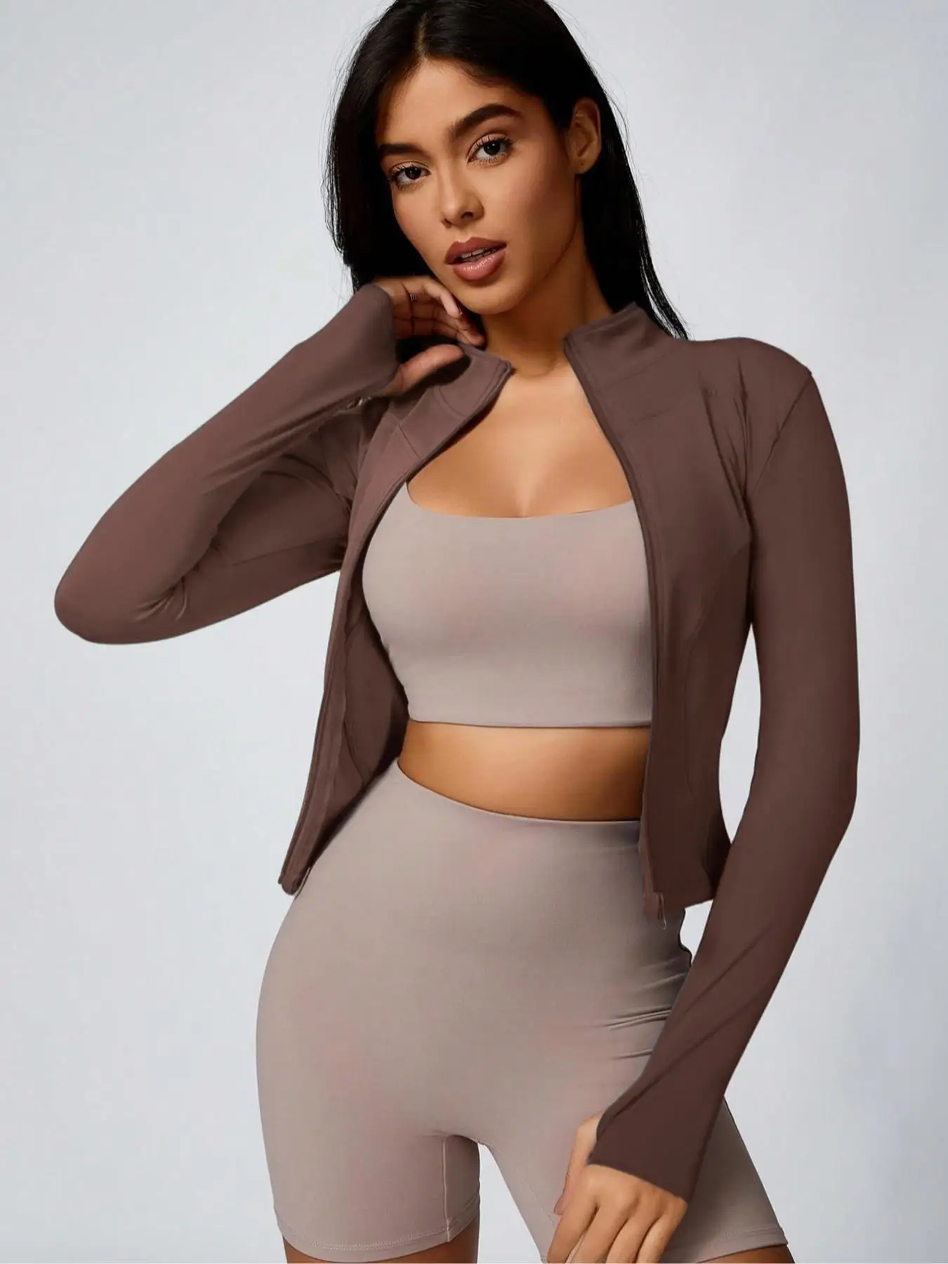 Kurtka sportowa damska Fitfemme Slim Fit, szybkoschnąca, treningowa Brązowy
