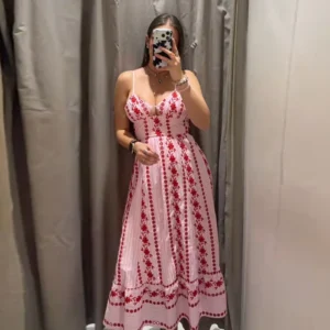 Kwiatowa sukienka maxi spaghetti zwiewna boho na wakacje Beżowy