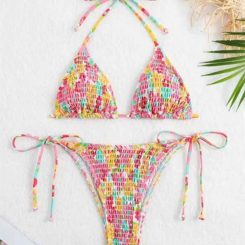 Kwiatowe bikini z wysokim stanem i wiązaniem na szyi Czerwony