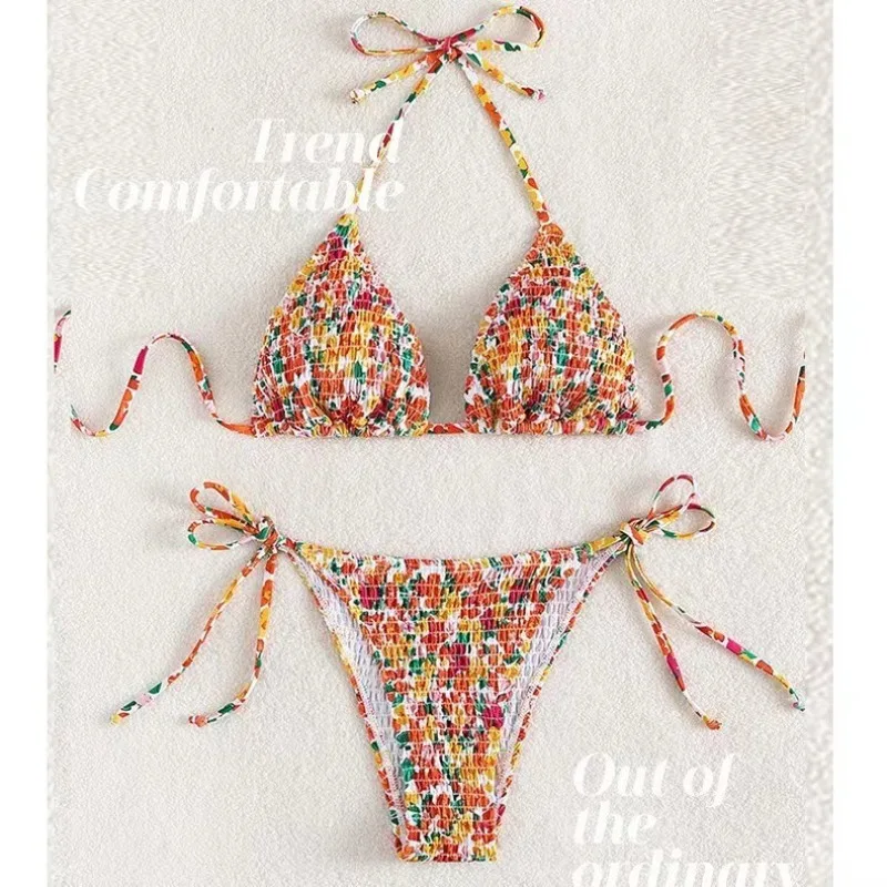 Kwiatowe bikini z wysokim stanem i wiązaniem na szyi Pomarańczowy