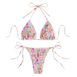 Kwiatowe bikini z wysokim stanem i wiązaniem na szyi Różowy