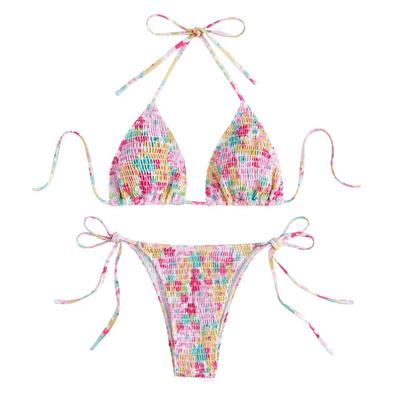 Kwiatowe bikini z wysokim stanem i wiązaniem na szyi Różowy