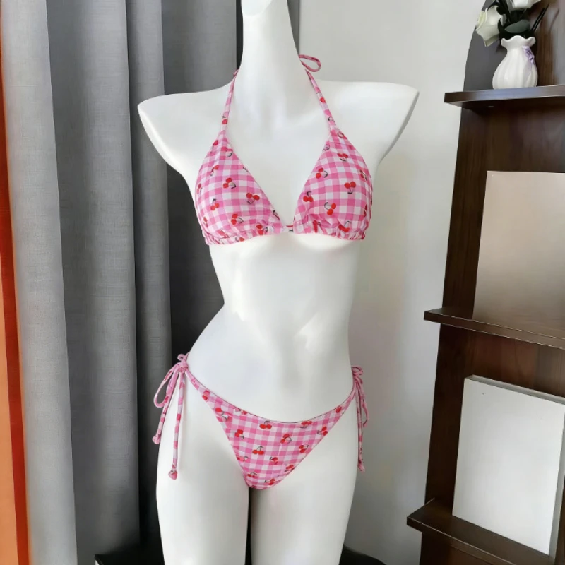 Kwiatowy komplet bikini wiązany na szyi Cyjan