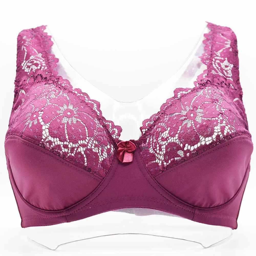 Kwiatowy koronkowy biustonosz transparentny plus size Burgundia