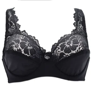 Kwiatowy koronkowy biustonosz transparentny plus size Czarny