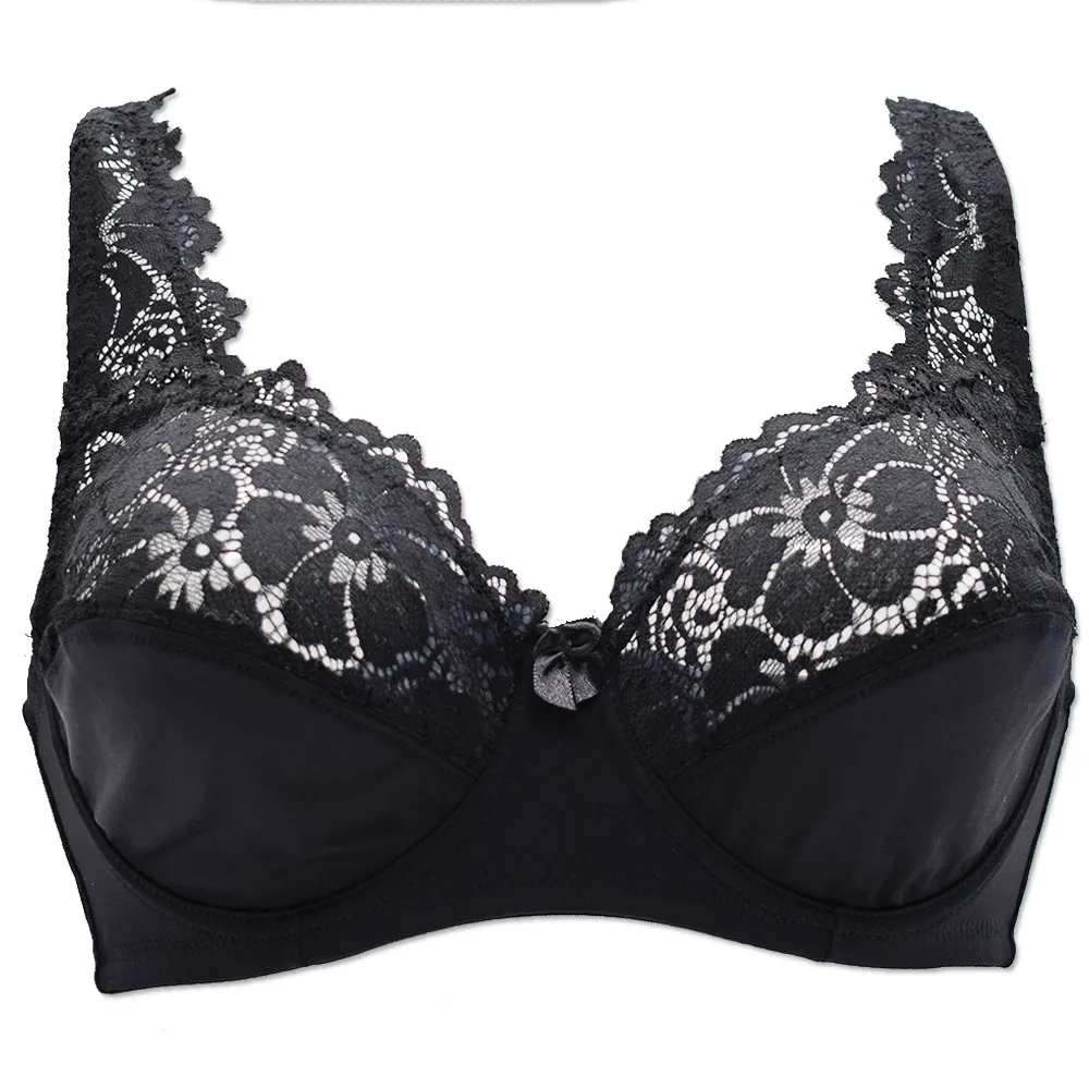 Kwiatowy koronkowy biustonosz transparentny plus size Czarny