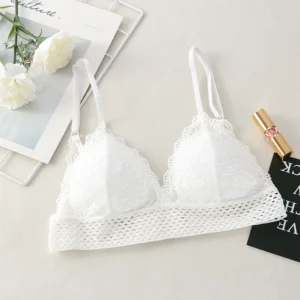 Kwiatowy koronkowy bralette push-up bez drutu z dekoltem V Czarny