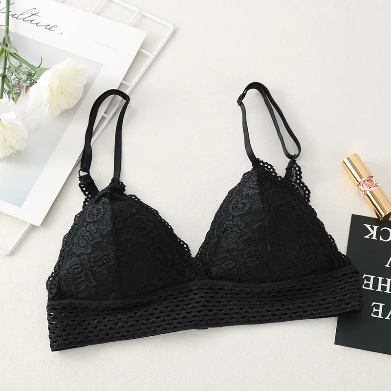 Kwiatowy koronkowy bralette push-up bez drutu z dekoltem V Niebieski
