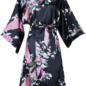 Kwiatowy szlafrok kimono satynowy krótki — ślubny i codzienny Ciemnoszary