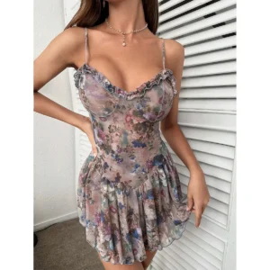 Kwiecista piżama babydoll — seksowna bielizna nocna push up Niebieski