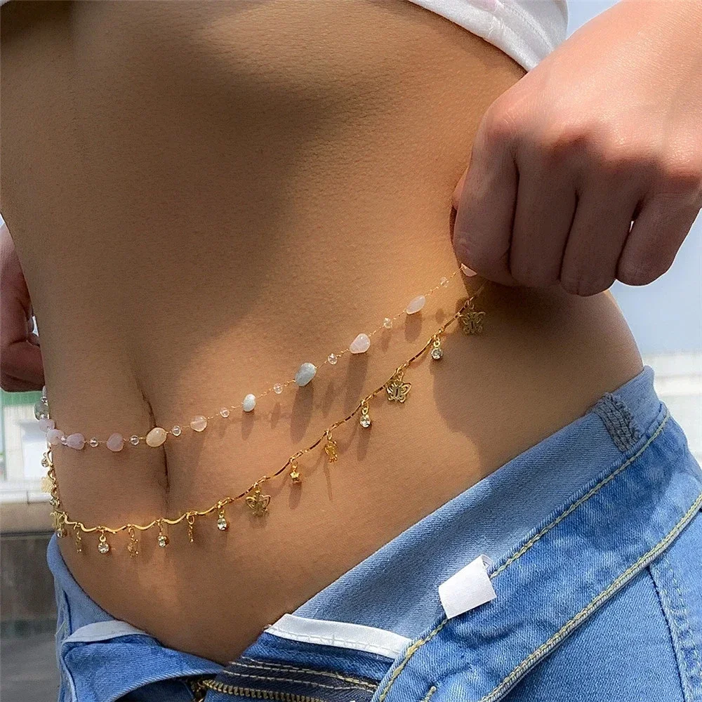 Łańcuszek na brzuch z perłami body chain Kolor czystego złota