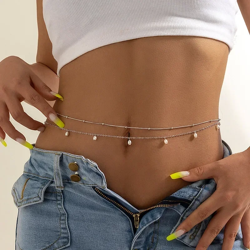 Łańcuszek na brzuch z perłami body chain Srebrny