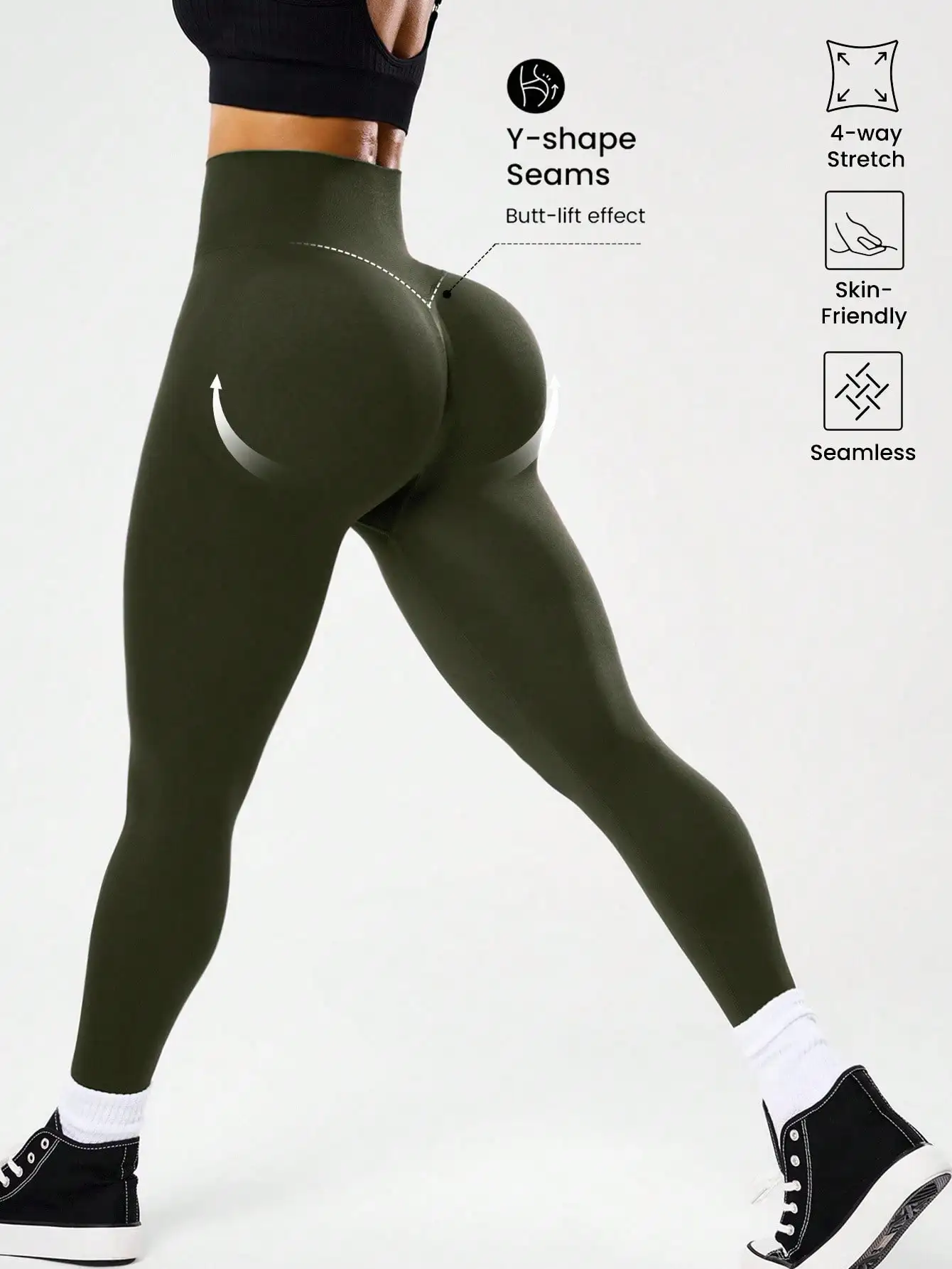 Legginsy do biegania z dekoltem V na plecach i efektem push up Armijna zieleń