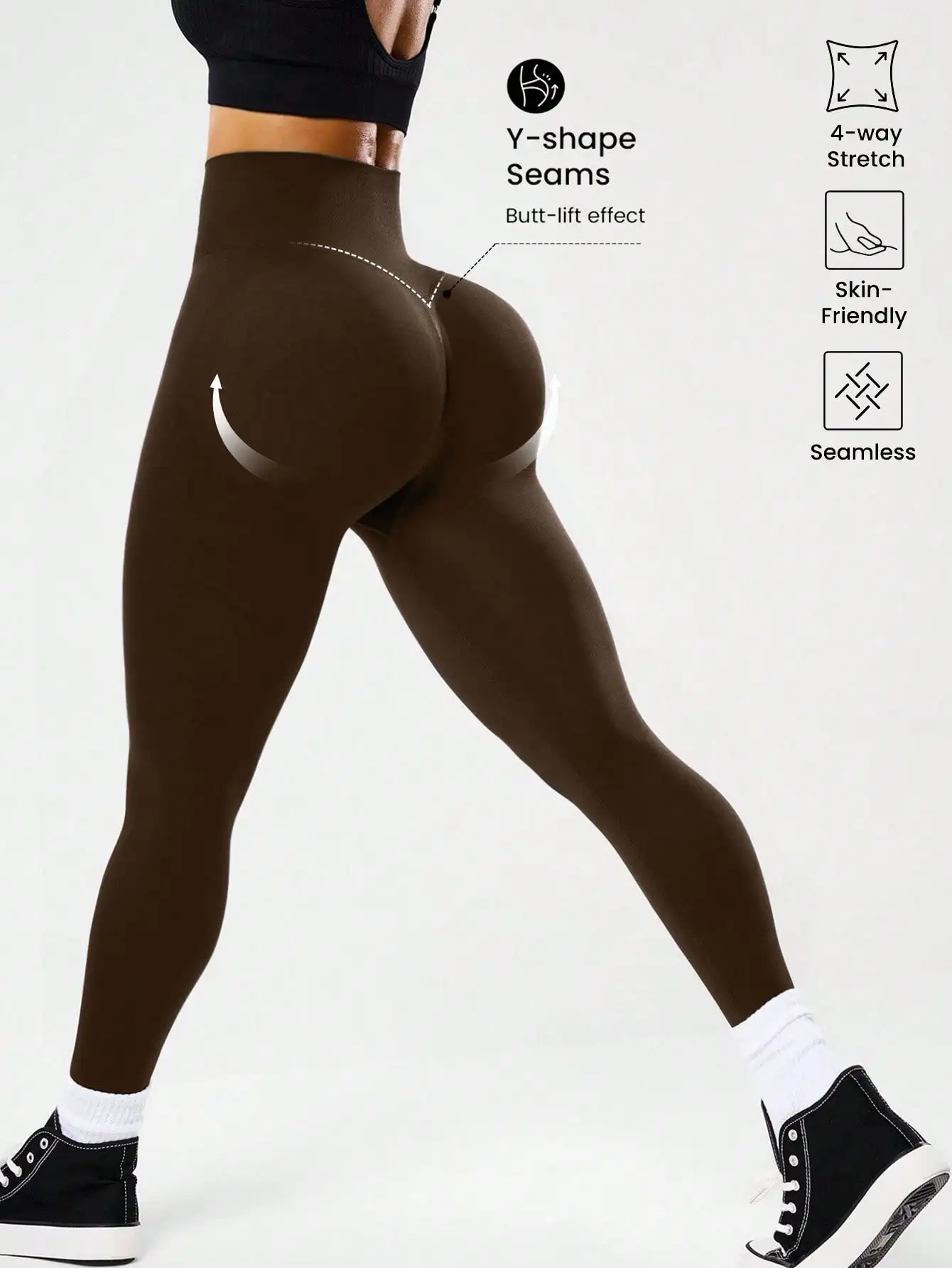 Legginsy do biegania z dekoltem V na plecach i efektem push up Brązowy
