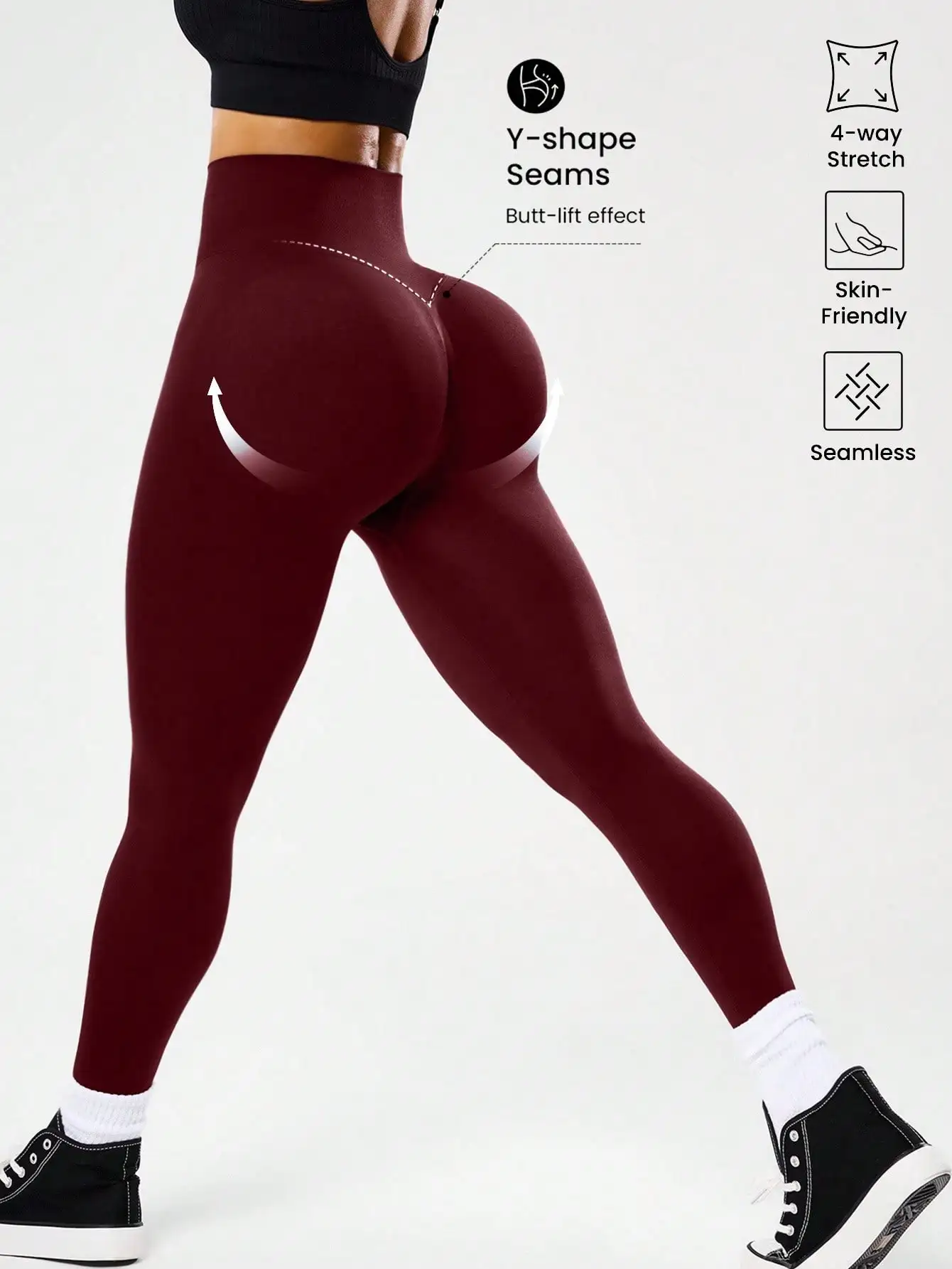 Legginsy do biegania z dekoltem V na plecach i efektem push up Burgundia