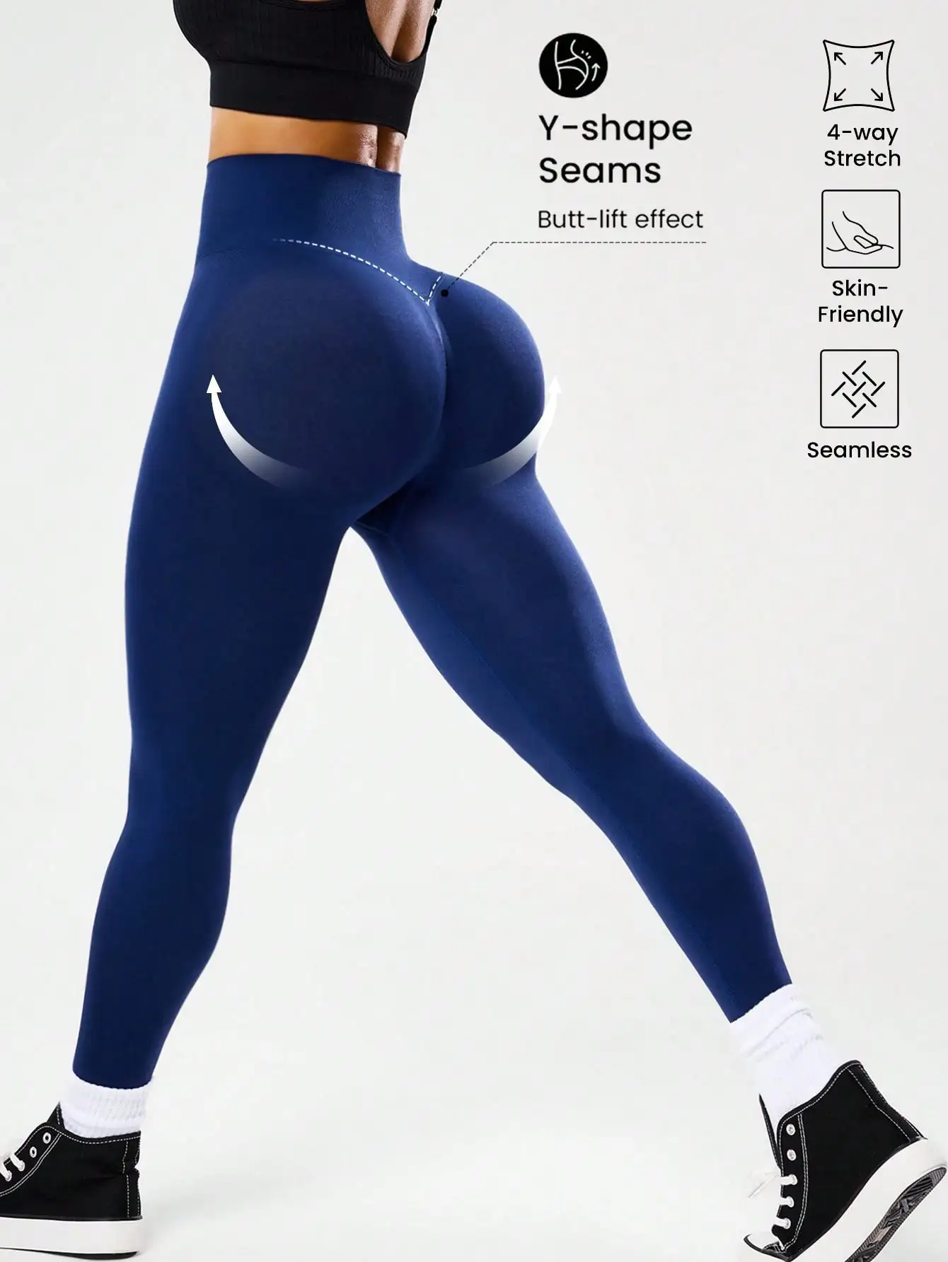 Legginsy do biegania z dekoltem V na plecach i efektem push up Granatowy