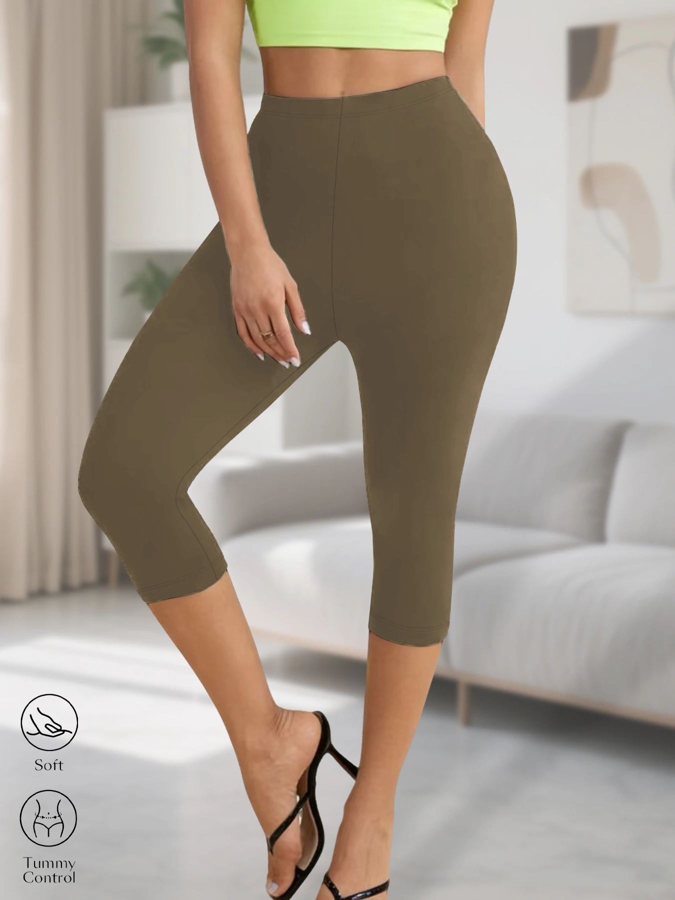 Legginsy capri damskie do jogi nieprześwitujące na co dzień Brązowy