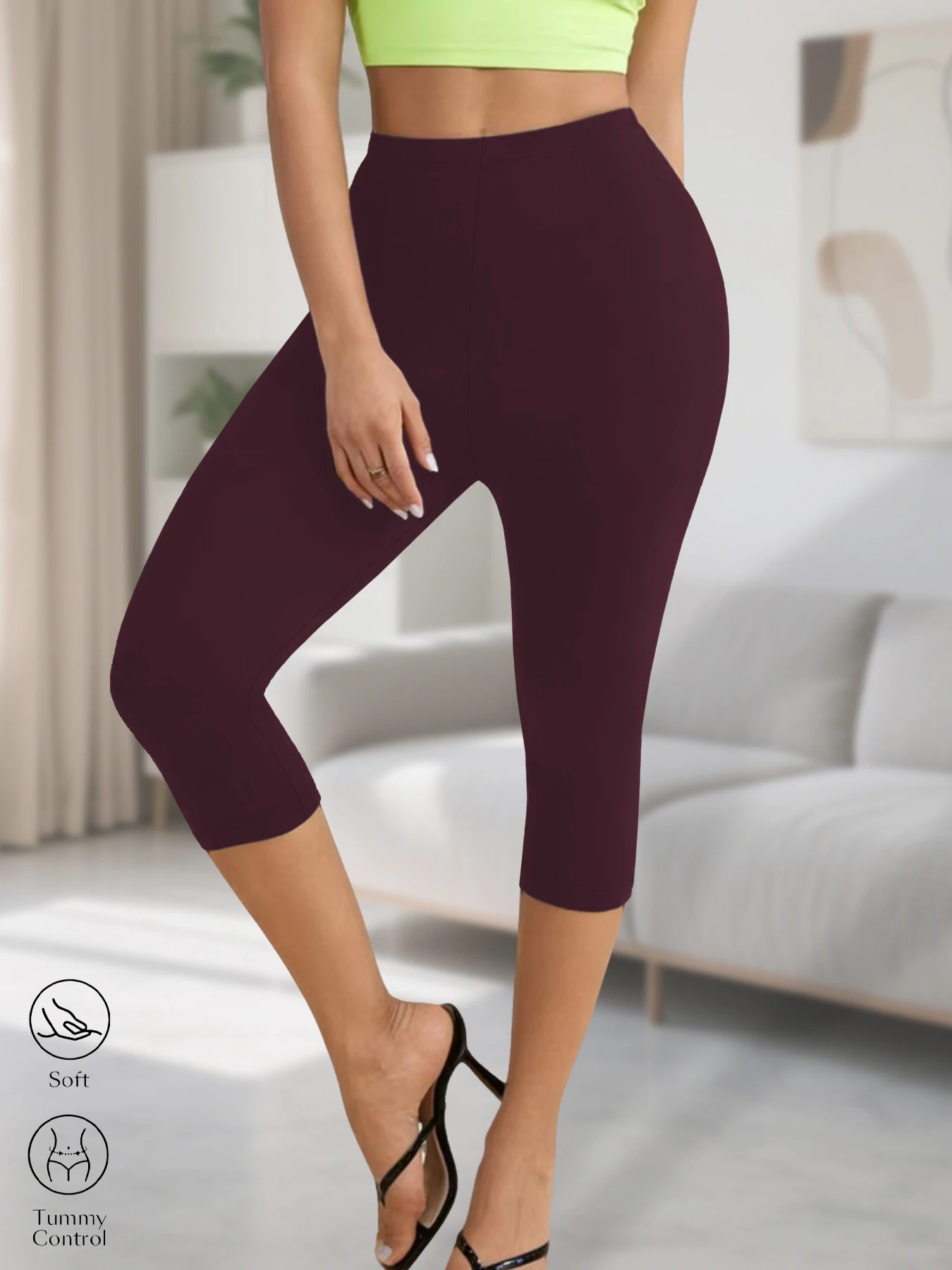 Legginsy capri damskie do jogi nieprześwitujące na co dzień Burgundia