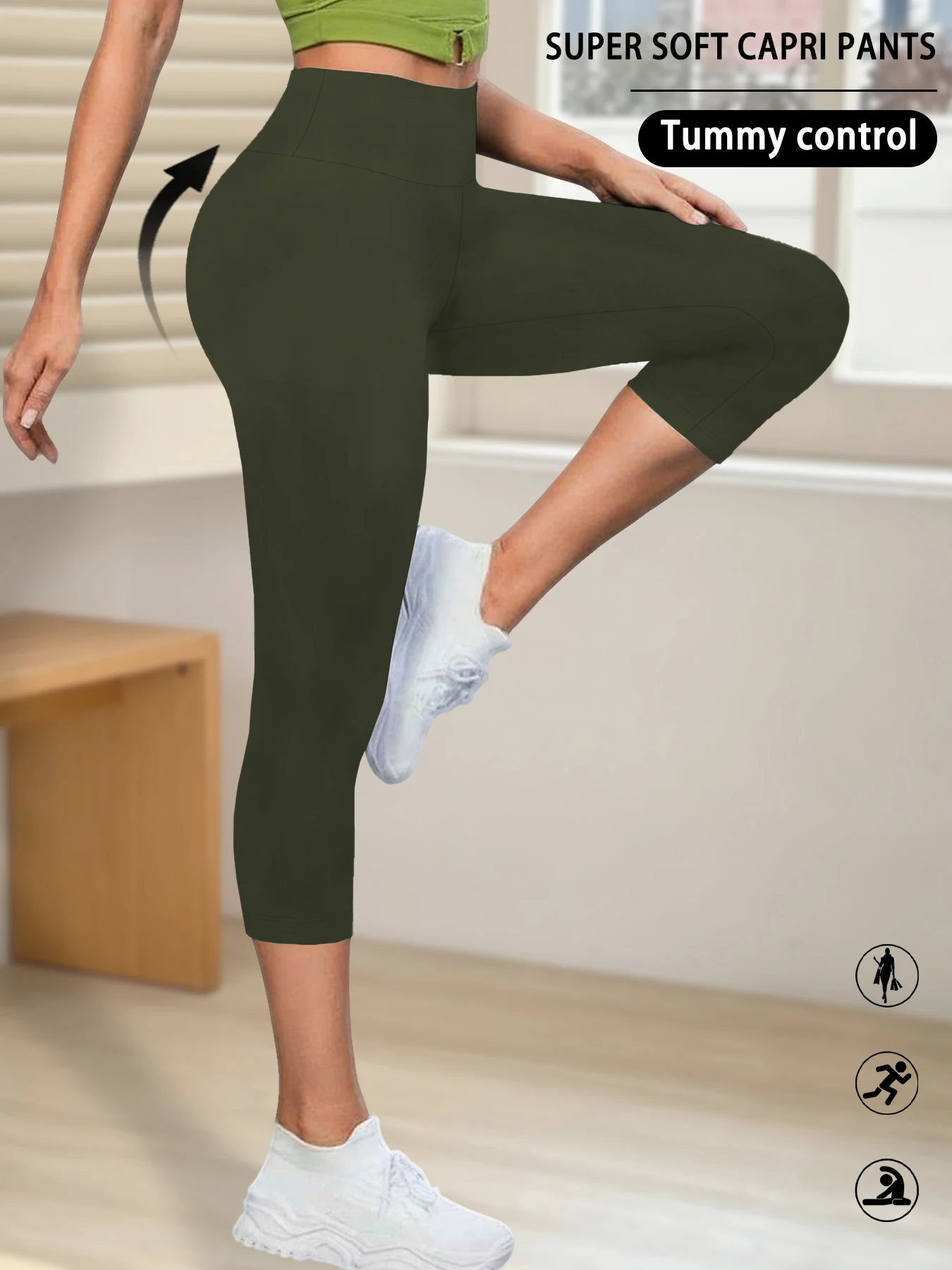Legginsy capri do jogi nie prześwitujące z wysokim stanem Armijna zieleń