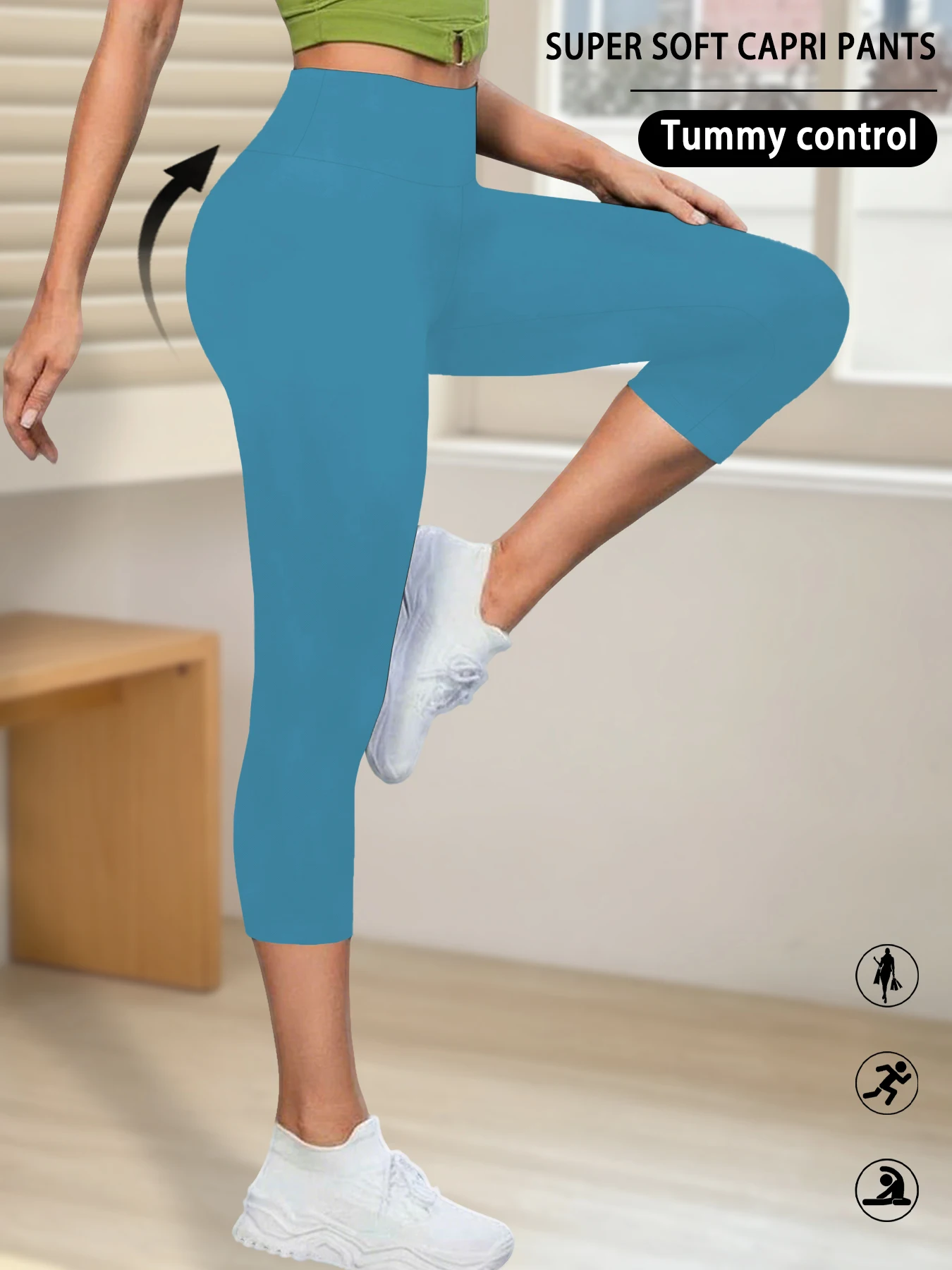 Legginsy capri do jogi nie prześwitujące z wysokim stanem Błękitny