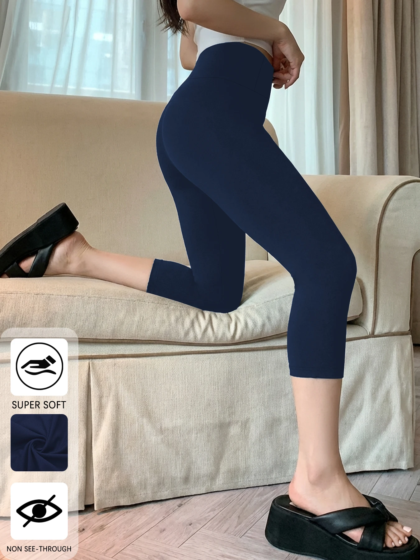Legginsy capri do jogi nie prześwitujące z wysokim stanem Granatowy