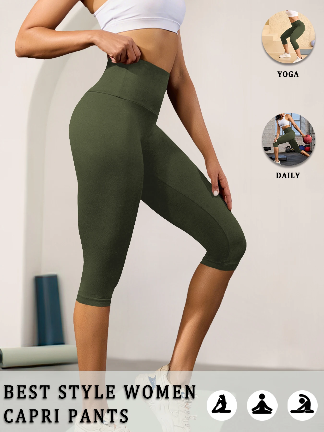 Legginsy capri modelujące brzuch z wysokim stanem Armijna zieleń