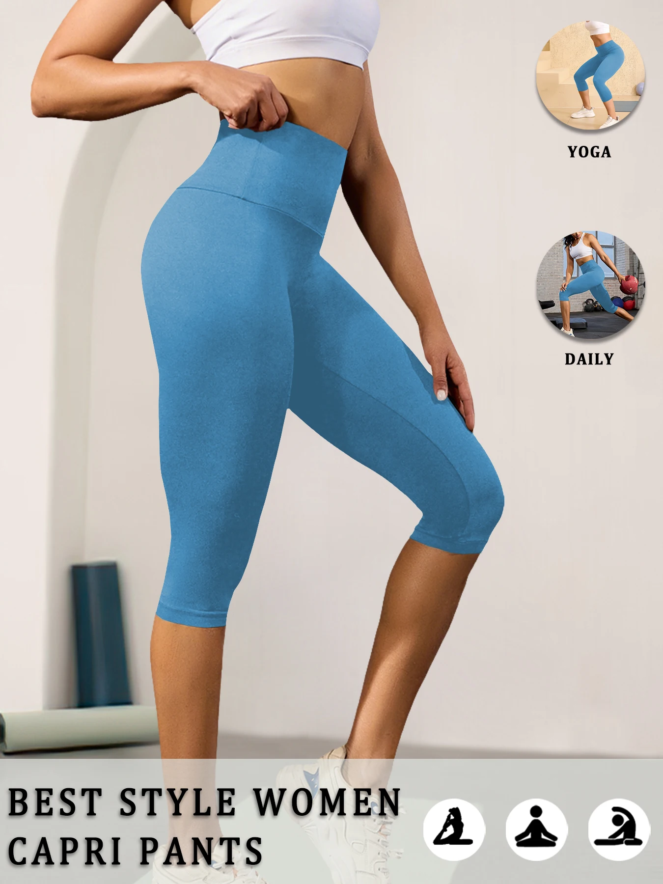 Legginsy capri modelujące brzuch z wysokim stanem Błękitny