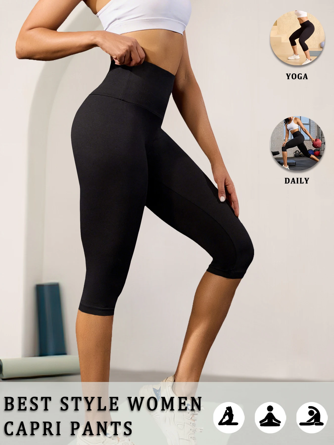 Legginsy capri modelujące brzuch z wysokim stanem Czarny