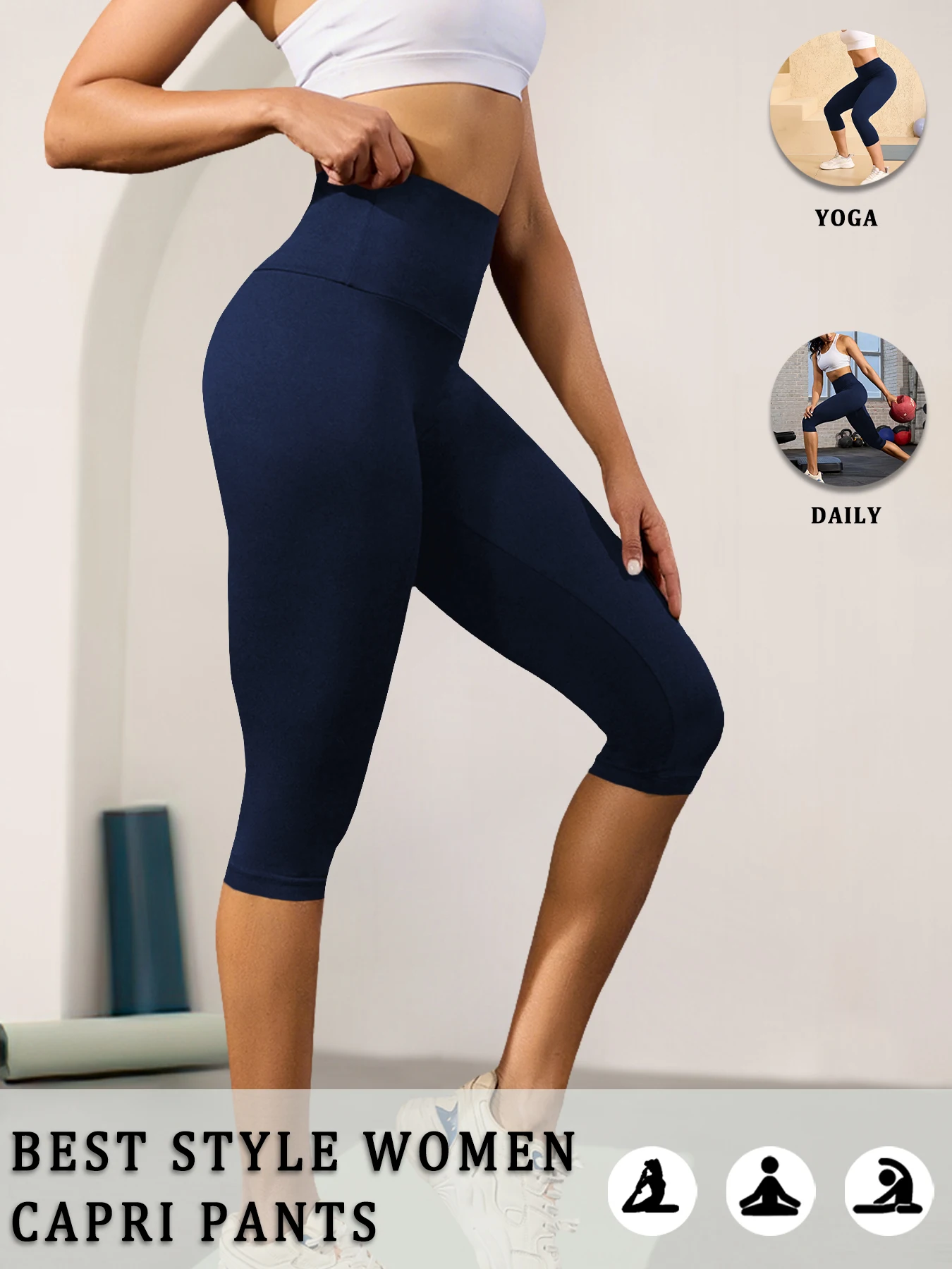 Legginsy capri modelujące brzuch z wysokim stanem Granatowy