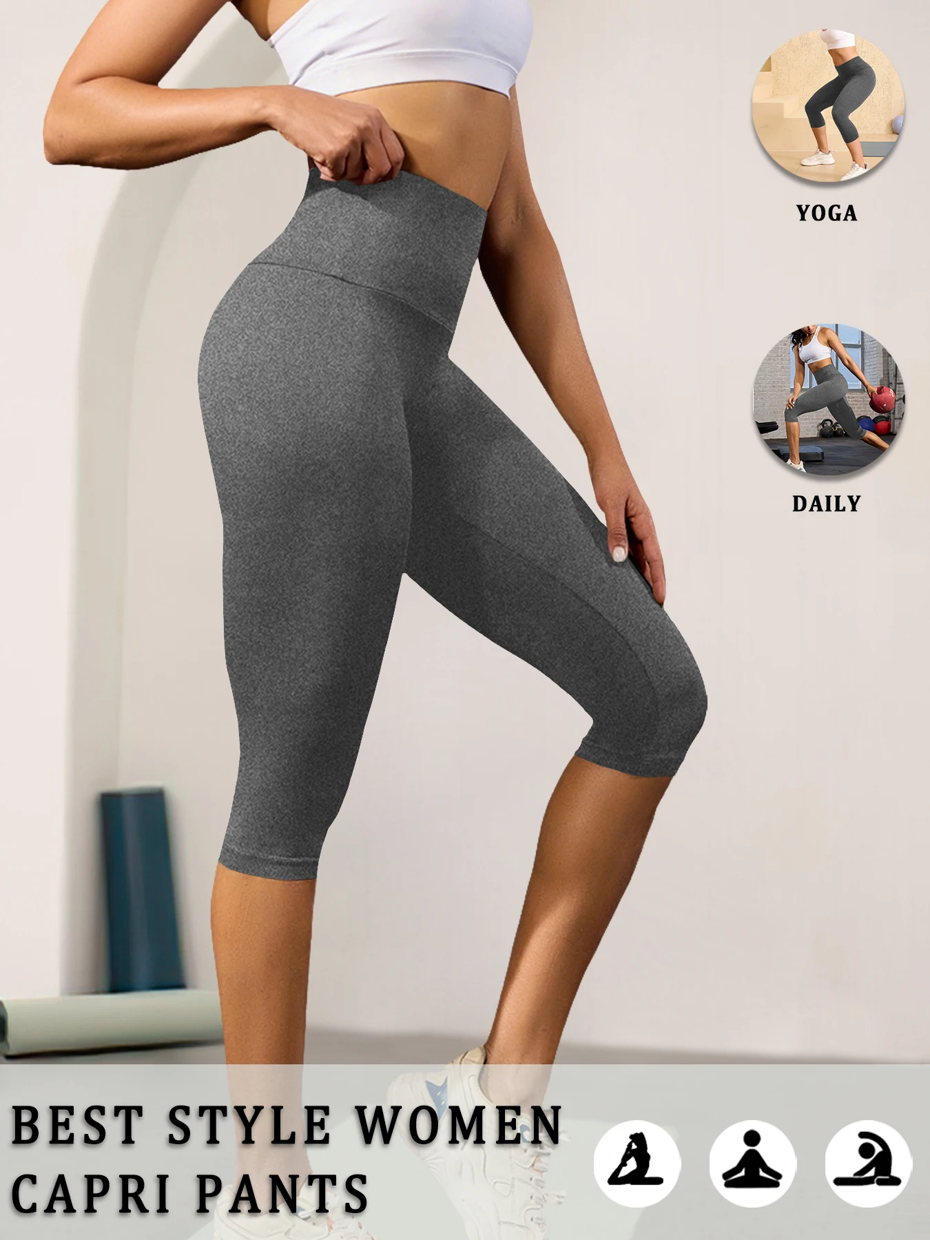 Legginsy capri modelujące brzuch z wysokim stanem Szary
